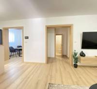 ☎️ 0918/197 701 Predám priestranný  3 izbový  byt s veľkou terasou a m - Interiér 3-izbového bytu s podlahou s dreveným dekorom a televízorom na stene.