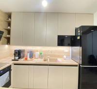 ☎️ 0918/197 701 Predám priestranný  3 izbový  byt s veľkou terasou a m - Kuchyňa 3-izbového bytu s čiernou chladničkou a podlahou s dreveným dekorom.