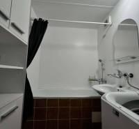 ☎️  0918/197 701  Na prenájom 1 izbový byt s balkónom a pivnicou v mes - Kúpeľňa v 1-izbovom byte so sprchou, umývadlom, práčkou a tmavohnedými dlaždicami.