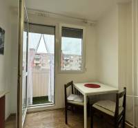 ☎️  0918/197 701  Na prenájom 1 izbový byt s balkónom a pivnicou v mes - Jedálenský kút s dvomi stoličkami a stolom, podlaha s dreveným dekorom.