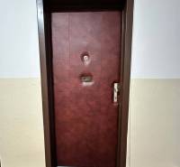 ☎️  0918/197 701  Na prenájom 1 izbový byt s balkónom a pivnicou v mes - Dvere do 1-izbového bytu s tmavým dreveným dekorom a zrkadlom.