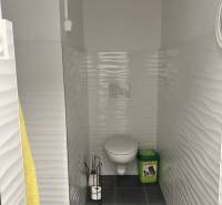 0911 234 656 Prenájom obchodný priestor v centre mesta - Toaleta v obchodných priestoroch s bielymi obkladmi a čiernou podlahou.