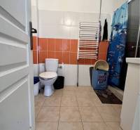 ZNÍŽENÁ CENA!!! Apartmánový dom na predaj vo Veľkom Mederi - Kúpeľňa v rodinnom dome s oranžovými obkladmi, toaletou a sprchovým kútom.