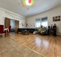 ZNÍŽENÁ CENA!!! Apartmánový dom na predaj vo Veľkom Mederi - Obývacia izba v rodinnom dome s podlahou s dreveným dekorom, jedálenským kútom a gaučom.