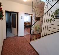 NA PREDAJ 6 izbový rodinný dom v obci Hrušovany  - Chodba s kobercovou podlahou, schodisko s rastlinami, výhľad do obývačky rodinného domu.