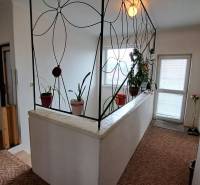 NA PREDAJ 6 izbový rodinný dom v obci Hrušovany  - Chodba v rodinnom dome s kvetmi na zábradlí a svetlom.