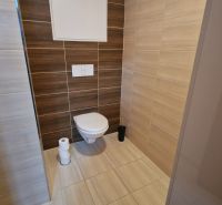 Rekreačný apartmán Vys. Tatry- HREBIENOK RESORT I. - 92 m2 -3-izbový - Toaleta Rekreačného apartmánu s obkladom v drevenom dekore a béžových tónoch.