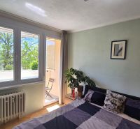 Prenájom 2izbový byt Topoľčany  - Spálňa v 2-izbovom byte so vstupom na balkón a izbovou rastlinou.