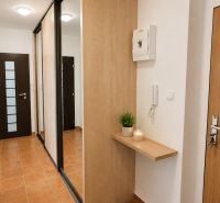 Bývanie s vlastnou predzáhradkou – zariadený 2-izbový byt (62+33 m²) - Chodba v 2-izbovom byte s dlažbou, zrkadlovou skriňou a obrazom na stene.