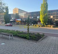 Na predaj obchodný priestor v centre Malaciek - Budova na Záhoráckej ulici v Malackách s obchodmi a lavičkou na chodníku.