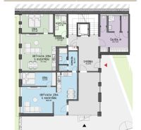 Medicínske centrum alebo budova s 8 apartmánmi - Pôdorys prízemia budovy na ulici Na varte ukazuje apartmány s chodbou a izbou.