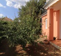 Chorvátsko, Vodice - zariadený bungalov, výhľad na more - Rodinný dom vo Vodiciach s oranžovou fasádou a upravenou záhradou.