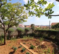 Chorvátsko, Vodice - zariadený bungalov, výhľad na more - Záhrada pri rodinnom dome vo Vodiciach, s výhľadom na okolité budovy a oblohu.