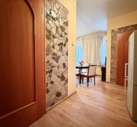 Na prenájom vybavený 2i byt, ul. Moravská, Bratislava - Interiér 2-izbového bytu s podlahou s dreveným dekorom a jedálenským stolom.