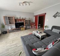 NOVINKA Priestranný 3-izbový byt (99 m²) s pozemkom, terasou, 2 balkón - Obývacia izba v 3-izbovom byte s gaučom a podlahou s dreveným dekorom.