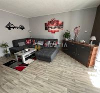 NOVINKA Priestranný 3-izbový byt (99 m²) s pozemkom, terasou, 2 balkón - Obývacia izba v 3-izbovom byte s podlahou s dreveným dekorom a šedým gaučom.