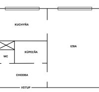 NA PRENÁJOM 1 IZBOVÝ TEHLOVÝ BYT, 34 M2, KOŠICE - ŠACA - Pôdorys 1-izbového bytu s kuchyňou, izbou, kúpeľňou, WC a chodbou.