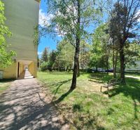 NA PRENÁJOM 1 IZBOVÝ TEHLOVÝ BYT, 34 M2, KOŠICE - ŠACA - Cesta a lavičky obklopené zeleňou pri bytovom dome na Železiarenskej ulici v Šaci.