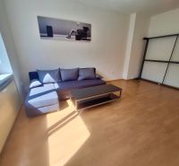 NA PRENÁJOM 1 IZBOVÝ TEHLOVÝ BYT, 34 M2, KOŠICE - ŠACA - Obývacia izba v 1-izbovom byte s gaučom a podlahou s dreveným dekorom.
