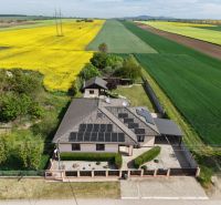 Nadštandardný 5-izbový RD - veľkorysý pozemok - moderné technológie - Rodinný dom na Močenskej ulici v Cabaji-Čápore, obklopený poľom žltého repkového kvetu.