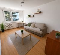 2-izbový byt, 51 m², samostatné izby, tichý, výhľad do zelene,K.Adlera - Obývacia izba v 2-izbovom byte s podlahou s dreveným dekorom a rozkladacou pohovkou.