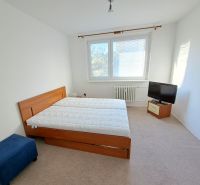 2-izbový byt, 51 m², samostatné izby, tichý, výhľad do zelene,K.Adlera - Svetlá spálňa v 2-izbovom byte s manželskou posteľou a televízorom.