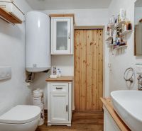 Útulný rodinný dom so 4 izbami v Potzneusiedli - Kúpeľňa v rodinnom dome s WC, umývadlom a skriňami, podlaha s dreveným dekorom.