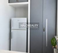 Prenájom, dvojizbový byt Komárno, s balkónom, blízko... - Kuchynský priestor s chladničkou a sivou vstavanou skriňou v 2-izbovom byte.