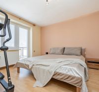 Veľký klimatizovaný 2izbový byt centrum I, Nové Mesto nad Váhom - Spálňa s posteľou, trenažérom a podlahou s dreveným dekorom v 2-izbovom byte.