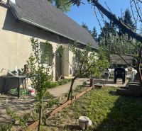 NA PREDAJ celoročná chata – Sekule (Šutrovňa), tiché prostredie - Záhrada pri chate v Sekuliach so stolom a stoličkami, trávnik a stromy.