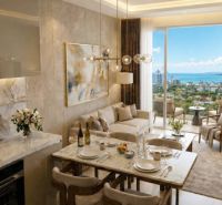 1 SPÁLŇOVÝ APARTMÁN - LOVE IT WONGAMAT BEACH PATTAYA - 2-izbový byt s výhľadom na more, elegantná obývacia izba a jedálenský kút.