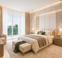 1 SPÁLŇOVÝ APARTMÁN - LOVE IT WONGAMAT BEACH PATTAYA - Elegantná spálňa s balkónom a podlahou s dreveným dekorom v 2-izbovom byte.
