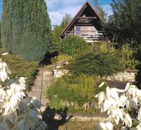 Chata snov nad Bratislavou – pokoj, výhľad a komfort na jednom mieste - Chata v Bratislave - Karlovej Vsi obklopená zeleňou s bielymi kvetmi v popredí.
