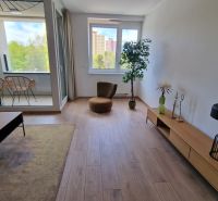 Exkluzívne 2 izbový byt POPRAD Karpatská, s garaž. st., balkón, 58 m2 - Obývacia izba v 2-izbovom byte s podlahou s dreveným dekorom a veľkým oknom.