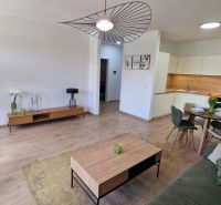 Exkluzívne 2 izbový byt POPRAD Karpatská, s garaž. st., balkón, 58 m2 - Obývacia izba s kuchyňou v 2-izbovom byte, podlaha s dreveným dekorom, elegantný nábytok.