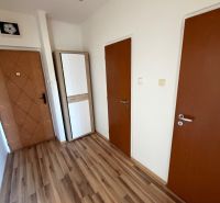 Ponúkame na prenájom 1 izbový byt v Handlovej  - Chodba v 1-izbovom byte s podlahou s dreveným dekorom a skriňou.