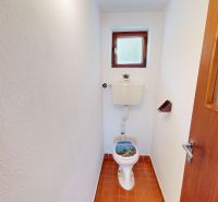 (1.692 m²) RYBIA FARMA S CHATOU V SRDCI PRÍRODY - Toaleta v rodinnom dome s keramickou dlažbou a drevenou dverou.