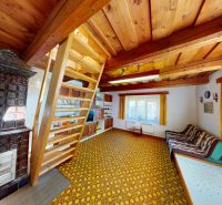 (1.692 m²) RYBIA FARMA S CHATOU V SRDCI PRÍRODY - Obývačka v rodinnom dome s kachľami, drevenými stropmi a rebríkom na poschodie.