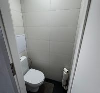 Na predaj 3i byt Levice, Dopravná ul. - Toaleta v 3-izbovom byte s minimalistickými sivými obkladačkami a tmavou podlahou.
