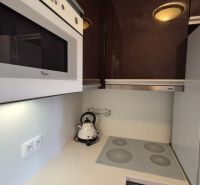Investičný apartmán Vysoké Tatry - Stará Lesná s balkónom a park.miest - Kuchyňa rekreačného apartmánu s mikrovlnkou, varnou doskou a rýchlovarnou kanvicou.