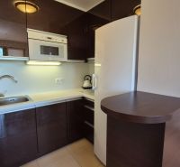 Investičný apartmán Vysoké Tatry - Stará Lesná s balkónom a park.miest - Kuchynský kút v rekreačnom apartmáne s tmavými skrinkami a bielymi spotrebičmi.