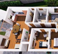 * novostavba moderného 4i domu, Vlčany, centrum - Pôdorys rodinného domu s podlahou s dreveným dekorom, kuchyňou, jedálňou a obývačkou.