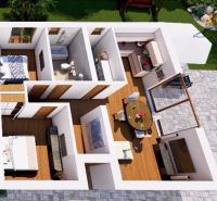 * novostavba moderného 3i domu, Vlčany, centrum - Pôdorys rodinného domu s podlahou s dreveným dekorom a záhradou.