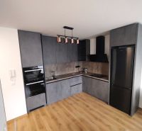 Prenájom 2 izb. byt NOVOSTAVBA, Ivanská cesta, Bratislava II. Ružinov - Kuchyňa s tmavosivou linkou a podlahou s dreveným dekorom v 2-izbovom byte.