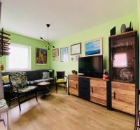 Brač(HR)–Apartmán s výhľadom na more - Obývacia izba s pohovkou, televízorom a podlahou s dreveným dekorom v Rekreačnom apartmáne.