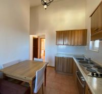 Brač(HR)–Zariadený apartmán 56m2 s výhľadom na more - Kuchyňa v rekreačnom apartmáne s drevenými skrinkami a jedálenským stolom.