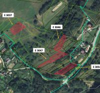 Svrčinovec (Komasácia) – 1/1 POZEMKY pri obci - Mapa poľnohospodárskych a lesných pozemkov v oblasti Svrčinovca s identifikačnými označeniami.