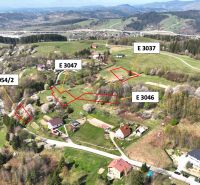 Svrčinovec (Komasácia) – 1/1 POZEMKY pri obci - Letecký pohľad na poľnohospodárske a lesné pozemky v Svrčinovci s označenými parcelami.