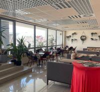 ODSTÚPENIE ZABEHNUTEJ KAVIARNE V CENTRE TRNAVY – TROJIČNÉ NÁMESTIE - Interiér gastro priestorov s kvetmi, farebnými stoličkami a pohovkami na podlahe s dekorom.
