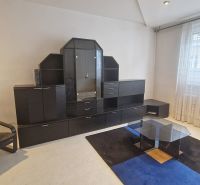 3 izbový byt v Starom Meste - Obývacia izba so sedačkou, skleneným stolíkom a tmavou obývacou stenou v 3-izbovom byte.